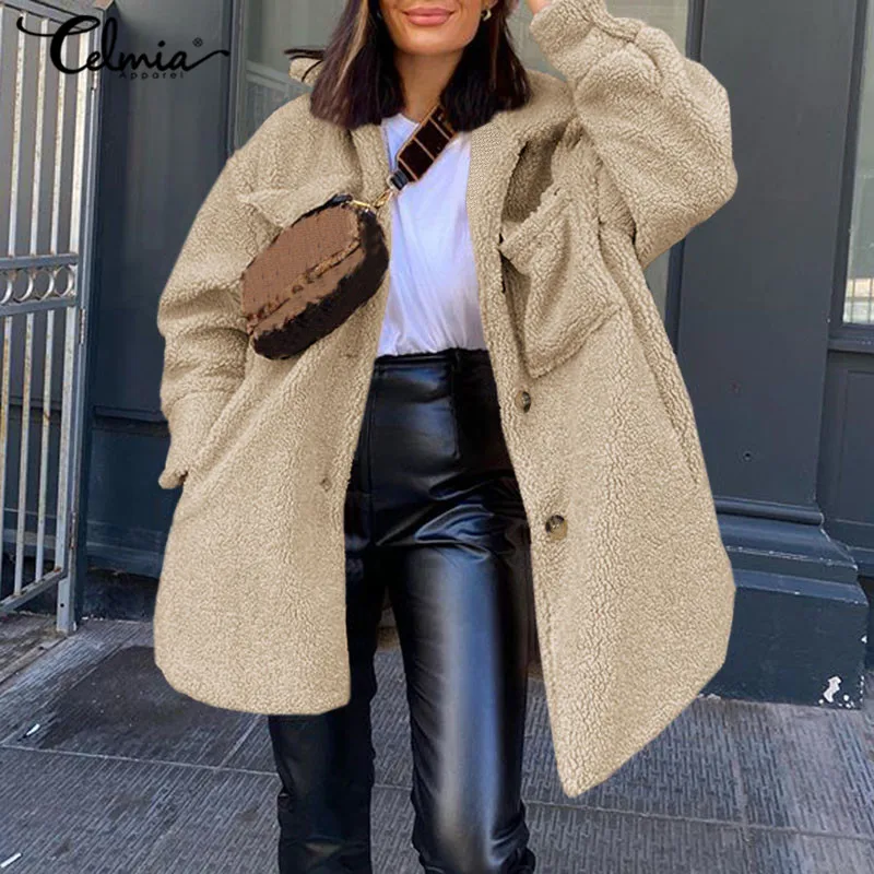

Women's Long Sleeve Outerwear Celmia 2022 Winter Warm Faux Fur Coats Pockets Plush Teddy Overcoat Bottons Streetwear Jackets