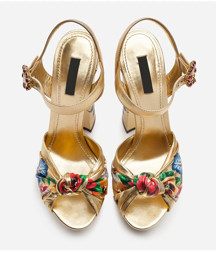 

Womens Rome Platform Peep Toe Gold Printed Floral Ankle Buckle Rhinestones Block High Heel Pumps Slingback Shoes Court Plus Sz