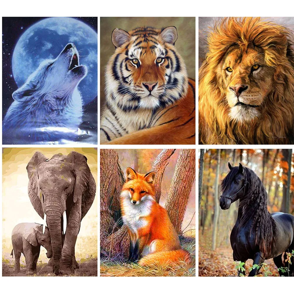 

5D DIY Poured Glue Diamond Painting Kits Tiger Lion Wolf Elephant Horse Full Round With AB Drill Handcraft Home Decor Gift Art