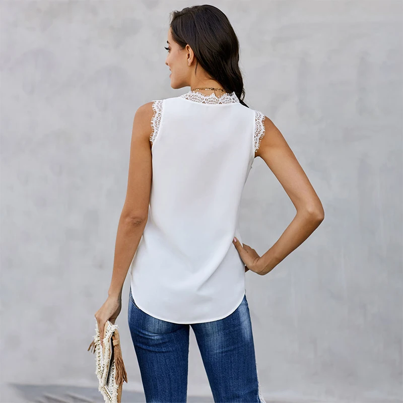

Women's Small Tank Top 2020 European and American Summer Loose Casual Eyelash Lace V-Neck Solid Color Sleeveless Top