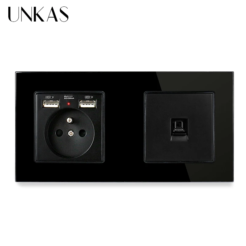 Настенная розетка UNKAS серая стеклянная панель французская стандартная с 2