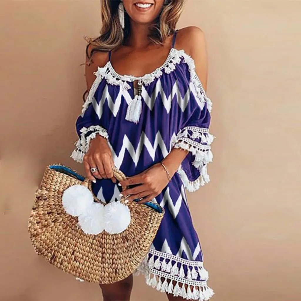 Женское платье с открытыми плечами и кисточками кружевное свободное пляжное