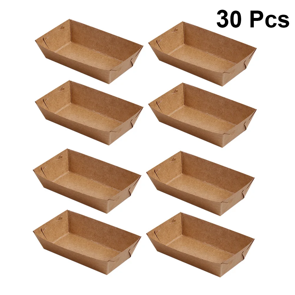 30pcs Boat Shaped Packing Box Disposable Kraft Paper Packing Case Useful Packing Tray for Snack Food 20x6x3cm
