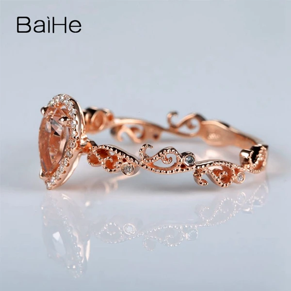 BAIHE 0.5ct 5X7 мм Груша натуральная морганит Твердые 10 к розовое золото натуральные бриллианты Женское Обручальное кольцо Millgrain Стильное кольцо