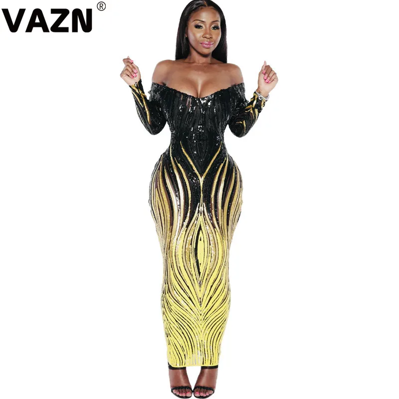 VAZN Autumn Open See Through Heavy Industry Sequined Sexy Club Fashion Slash Neck Full Sleeve High Waist Women Thin Maxi Dress