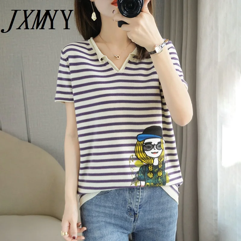

JXMYY 2021 Summer New Cotton T-Shirt Casual Knitted Sweater Short-Sleeved Women's V-Neck Pullover Plus Size Top Tees