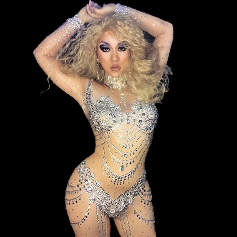 

Sparkly Crystals Nude Jumpsuit Stretch Stones Outfit Celebrate Bright Rhinestones Bodysuit Costume Female Singer Birthday Dress
