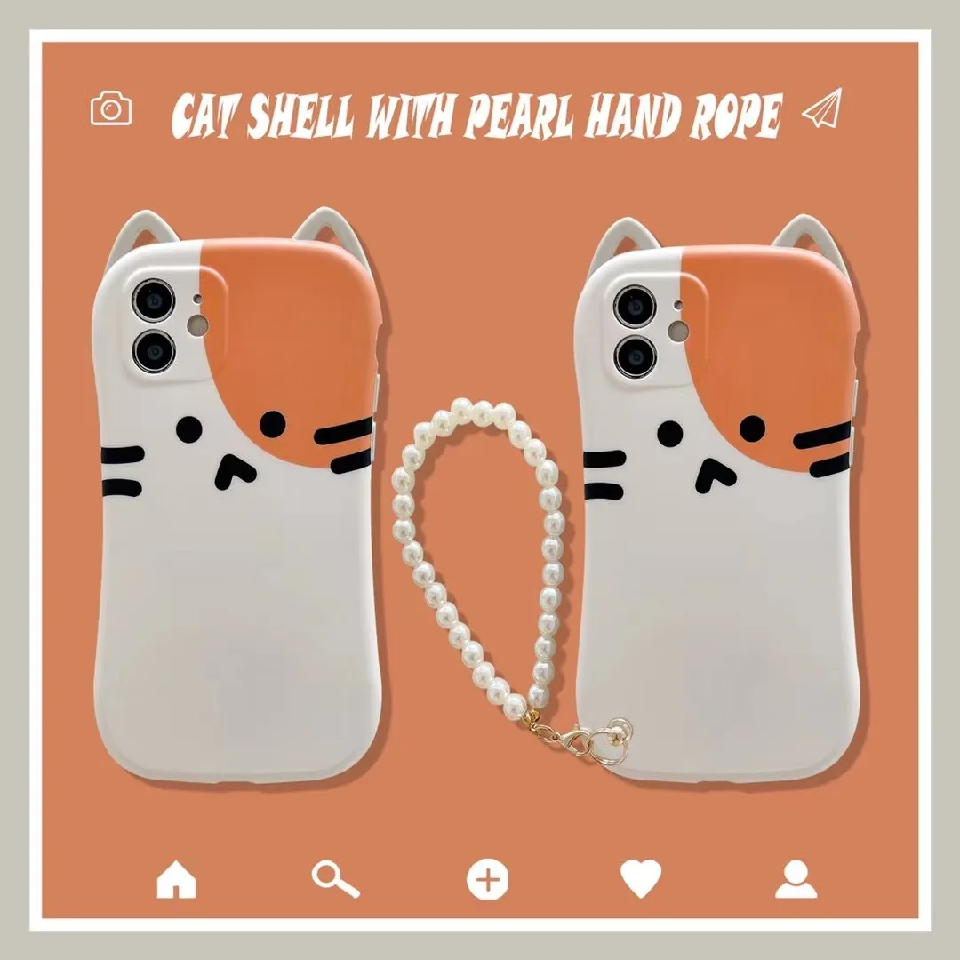 

3D Cute Smooth Cartoon Cute Orange Cat Ears Protective Phone Case For iphone7 Plus8 X XR XS 11 12Pro Max Buy One Get Pearl Chain