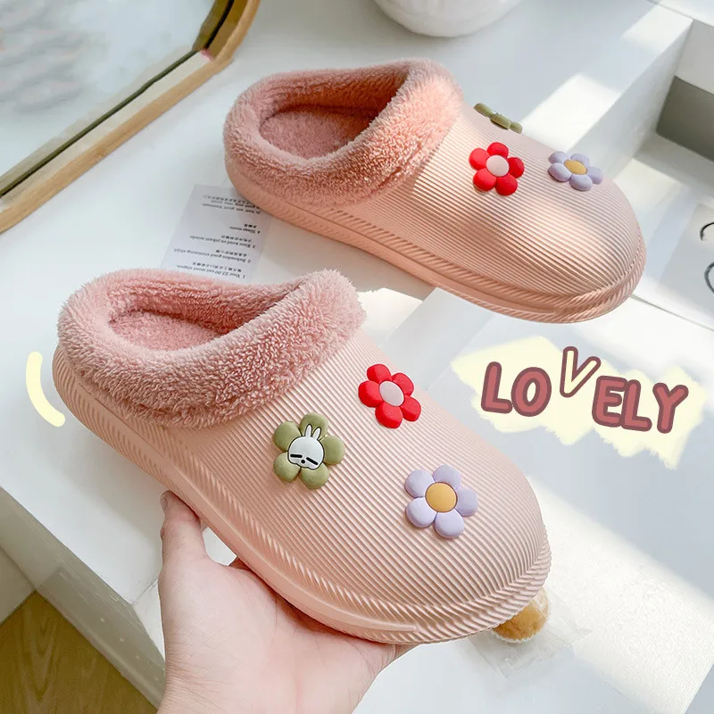 

Cute Rabbit Winter Women Cotton Slippers Waterproof Warm Plush Non Slip Home Slides Men Thick Sole Soft Indoor Couples Shoes
