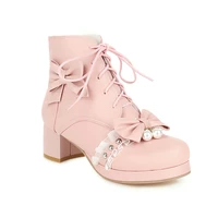 winter women pink lolita boots student girls warm shoes female martin princess snow boots with sweet lace bow plus size 34 46