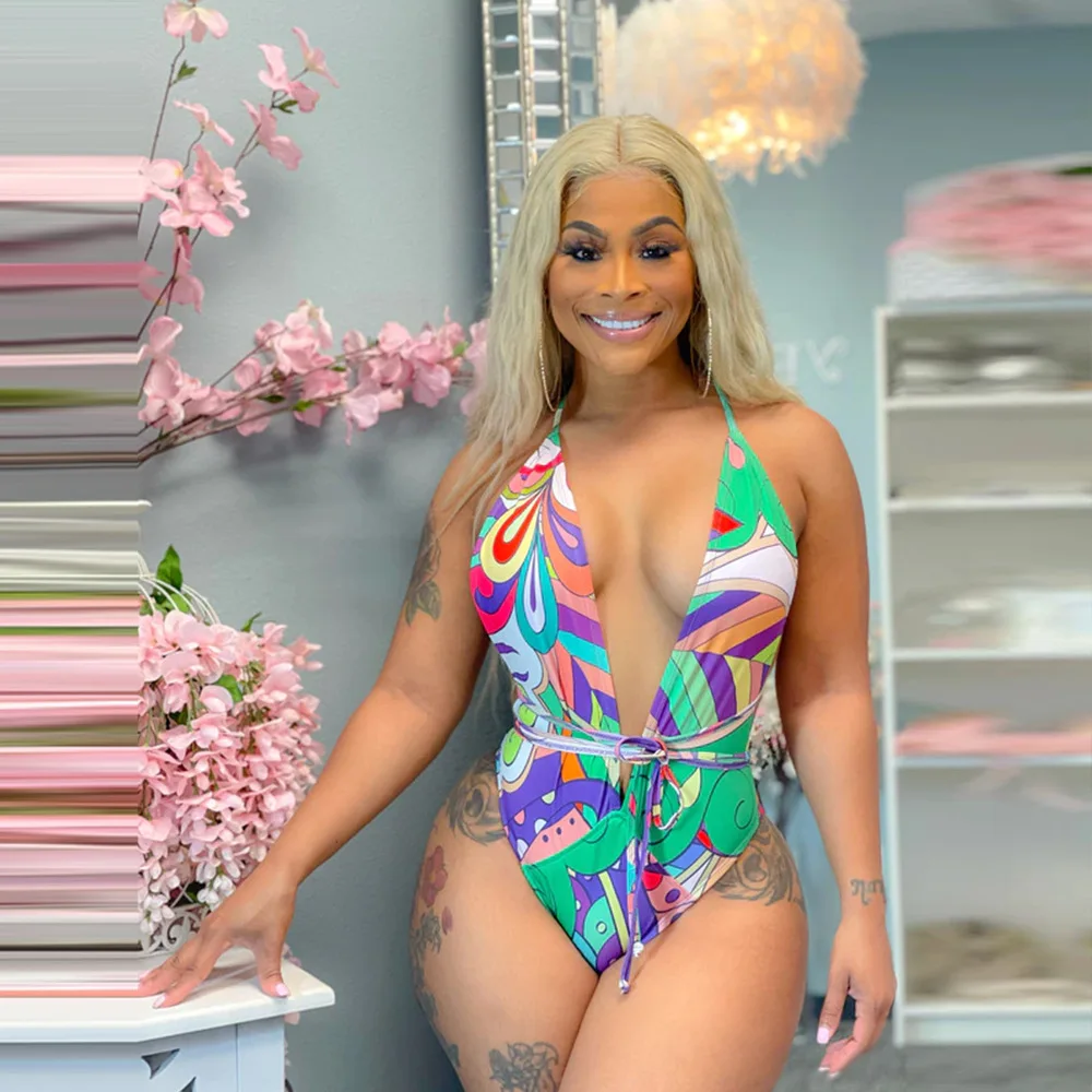 

Purple Fashion Sexy Print Split Joint See-Through Backless Swimwears