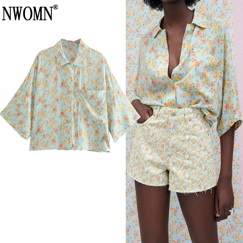 

NWOMN Za Женская рубашка цветочный укороченный топ летние женские блузки 2021 рубашка с коротким рукавом на пуговицах женская рубашка с воротник...