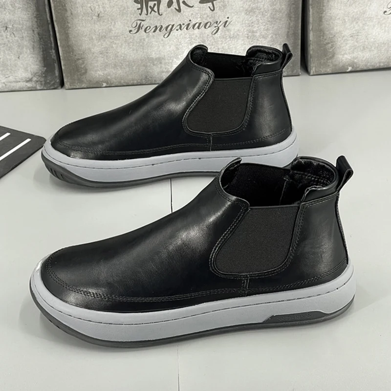 

men casual soft leather boots warm plush winter shoes cowboy platform chelsea boot outdoors youth cotton snow ankle botas hombre