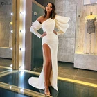 Белое Атласное Платье-Русалка на одно плечо с пышными длинными рукавами для выпускного вечера, Соблазнительные вечерние платья с высоким разрезом, 2021