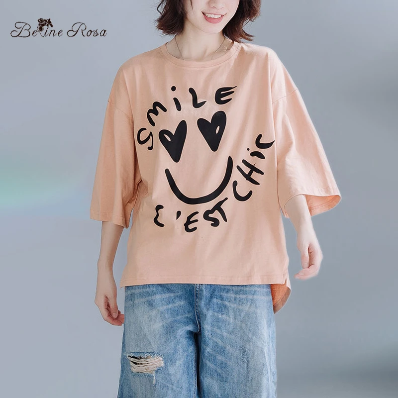 

BelineRosa 2020 Women's Smile Face Half Sleeve Tops Tees European Street Style Casual Large Size Tee Shirt JJDM0174