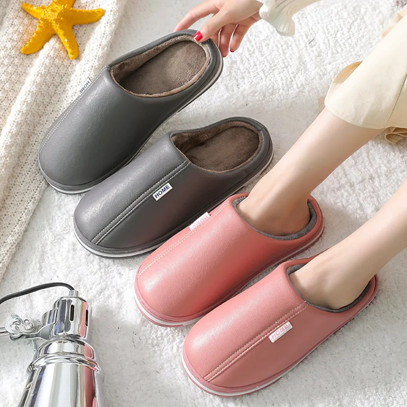 

Women PU Waterproof Slippers Ladies Plush Flat Home Shoes Woman Soft Comfort Footwear Female Sewing Indoor Slipper