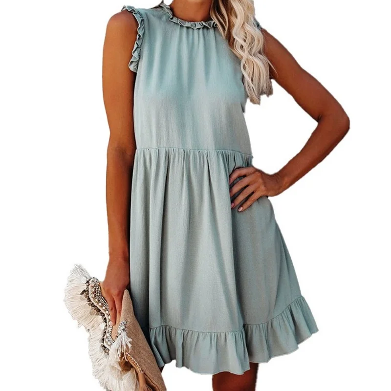 

2021 Summer Women's New Solid Color Ruffled Sleeveless Dress French Dress Women Off The Shoulder Dresses Harujuku Dress