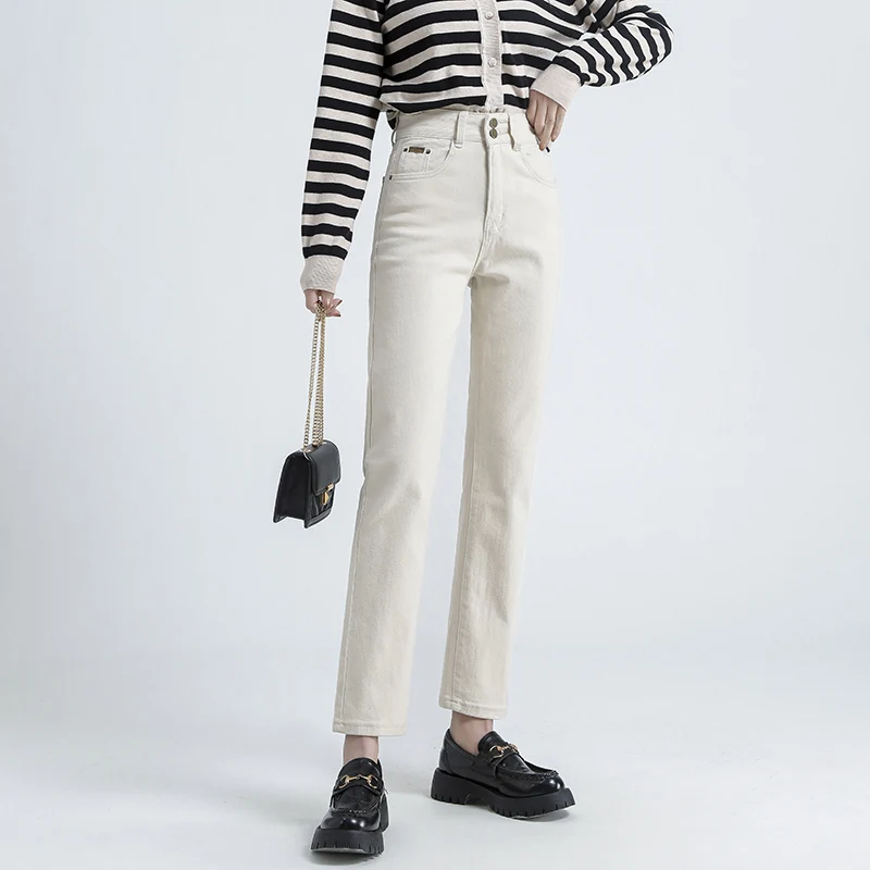 

Jeans Woman Beige Color Fashion Pants High Waist Two Buttons Beige Jeans Spring Casual Straight Denim Ankle Length Women Clothes