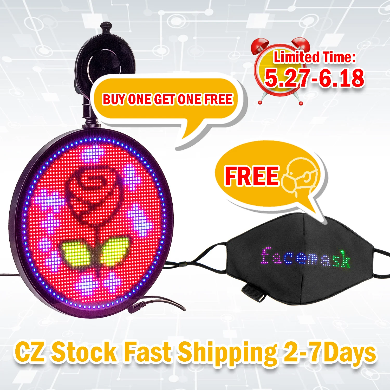 12V Round Car LED Display Board Scrolling Information WiFi Input Preset 8 Information Remote Control Programmable RGB Panel