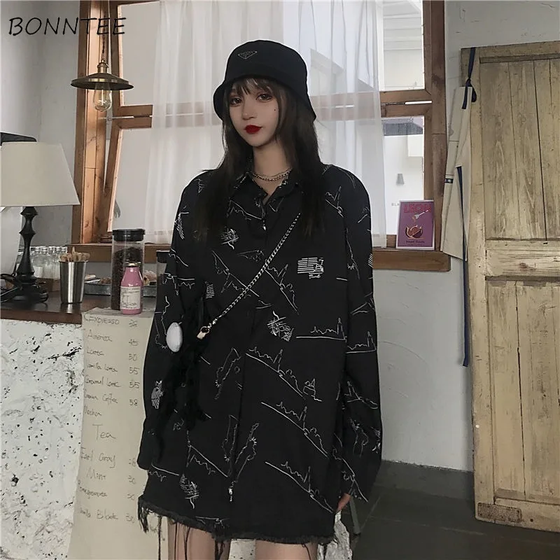 

Shirts Women Building-sketch Print Dark Japanese Style Loose Leisure Streetwear Harajuku Chic Trendy Popular Female Top Spring