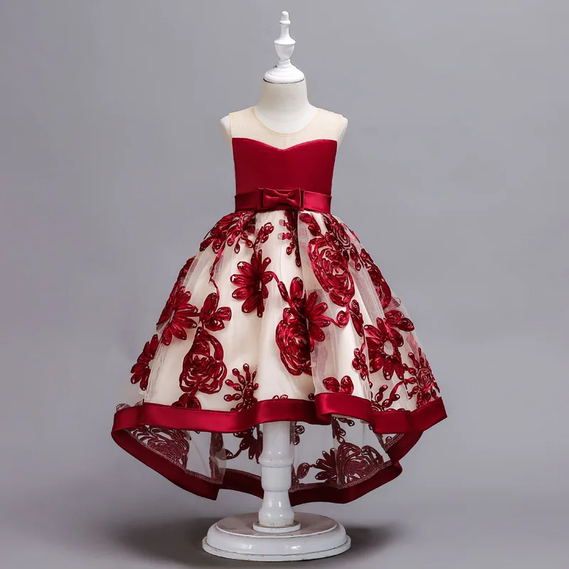 

Formal Trailing Floral Applique Girls Dress for Bridesmaids Lace Child Kids Wedding Ceremony Dress Bow Gown Prom Evening Dress