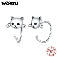 wostu genuine 925 sterling silver cute cat lovely small free pick design stud earrings for women fine jewelry gift making