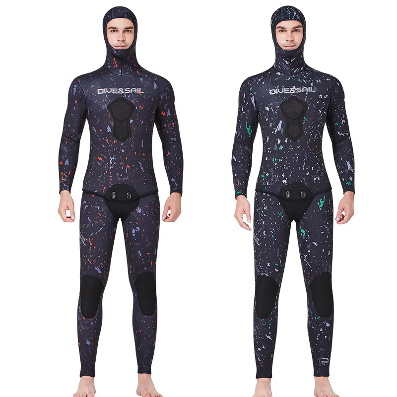 

Гидрокостюмы для подводной рыбалки Камуфляжный мужской, неопреновый костюм-двойка 5 мм с капюшоном и длинным рукавом для дайвинга, согревающий костюм для всего тела