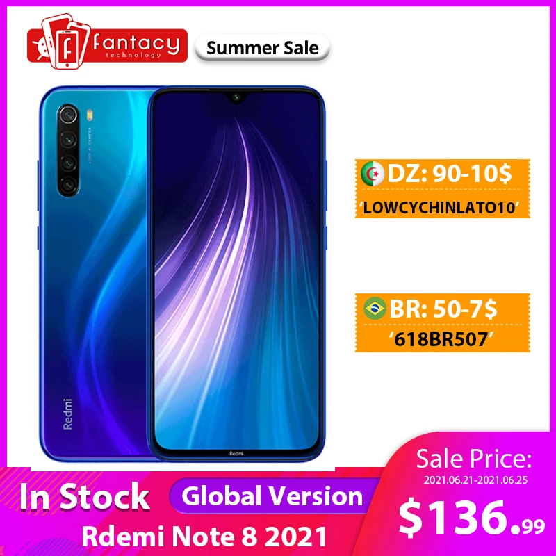 Перейти на Алиэкспресс и купить Глобальная версия Xiaomi Redmi Note 8 2021 MTK Helio G85 4 Гб 64 Гб 48MP Quad Camera, смартфон, четыре ядра, 6,3 дюймFHD экран 4000 мАч