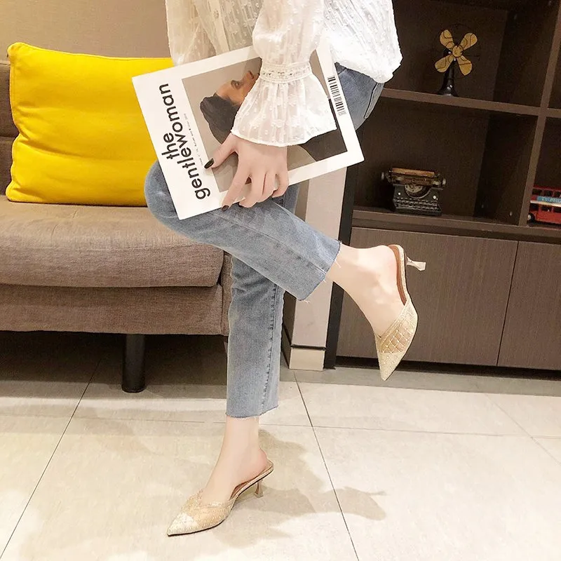 

Shoes Ladies' Slippers Med Glitter Slides Slipers Women Pointed Toe Thin Heels Jelly 2021 PU Rubber Crystal Cotton Fabric