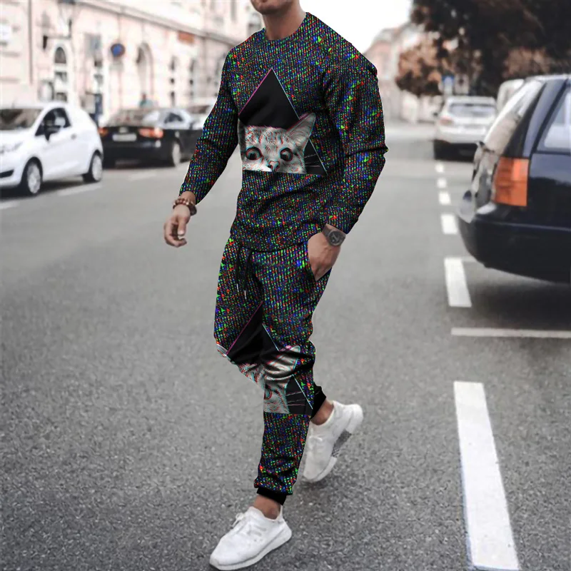 

Men's spring and autumn round collar suit trousers 3D animal print pattern casual round neck men's Harajuku jersey