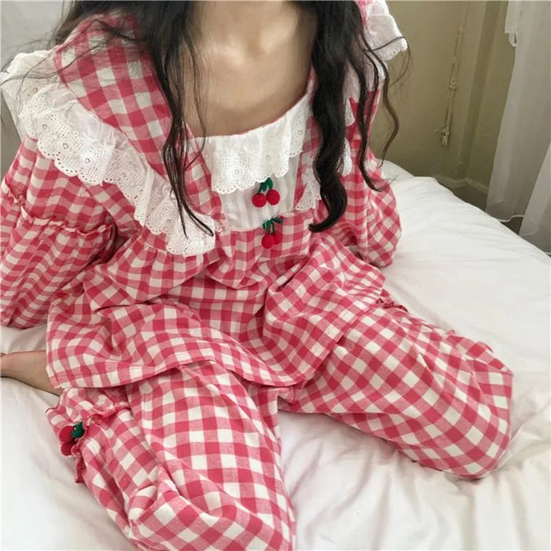 

Plaid Pajamas Set Women Sweet Princess Cute Cotton Pyjamas Sexy Lace Full Sleeve Autumn 2Piece/Set Home Mom Sleepwear