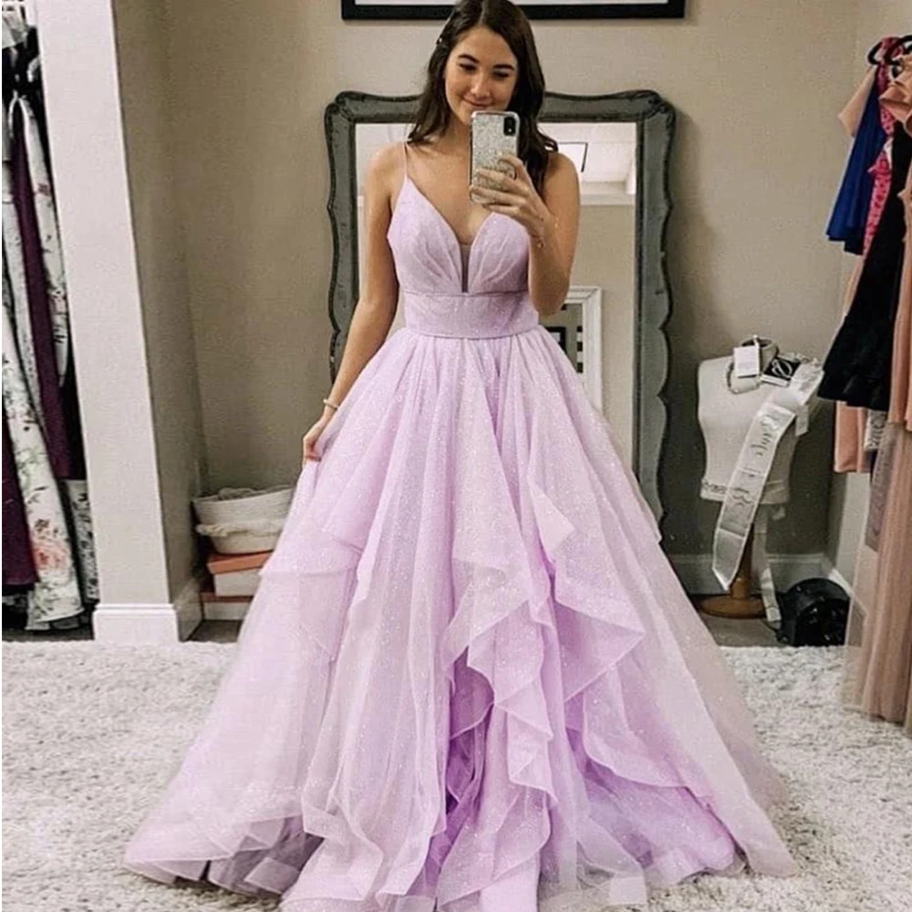 

Tulle Sparkly Evening Dresses Long Luxury 2021 Gorgeous V-Neck Elegant Tiered Spaghetti Ball Gown Sexy robe de soire de mariage