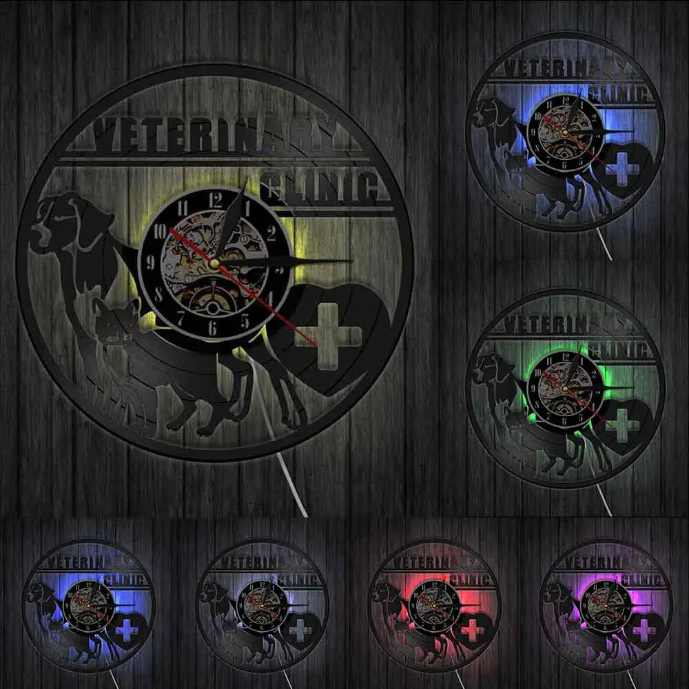 Veterinary Clinic Veterinarian Wall Watch Dogs And Cats Pet Care Animal Hospital Vinyl Record Clock Lovers Vet Gifts | Дом и сад