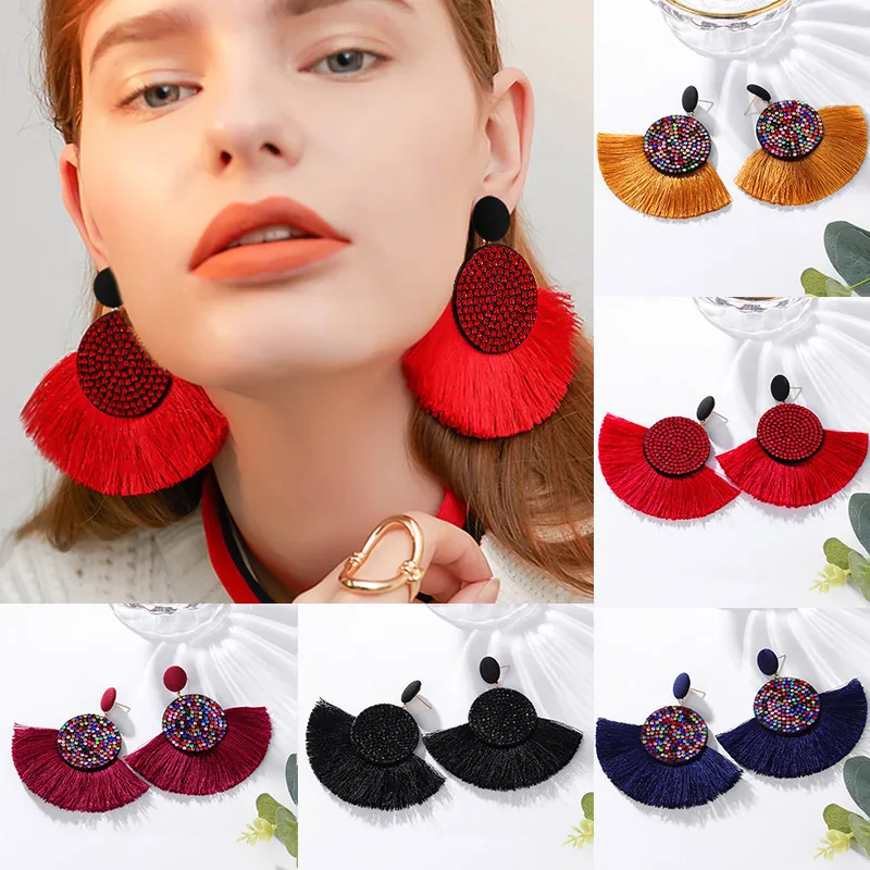 

BICUX Bohemian Big Tassel Crystal Drop Earrings for Women 2020 Fashion Statement Jewelry Cotton Handmade Fabric Fringe Earings