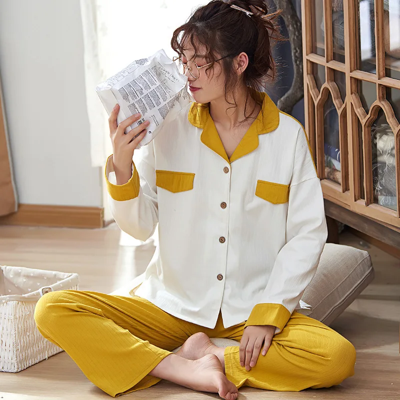 Cotton Womens Pajamas Set Cute For Women Two-piece Sexy Sleepwear Caton Stripe Pyjamas Spring And Autumn | Женская одежда