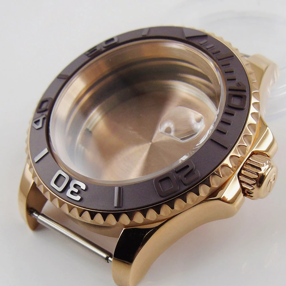 All Rose Gold Coated SUB 41mm Automatic Watch Case Brushed brown Insert Sapphire Crystal Screw Backcover