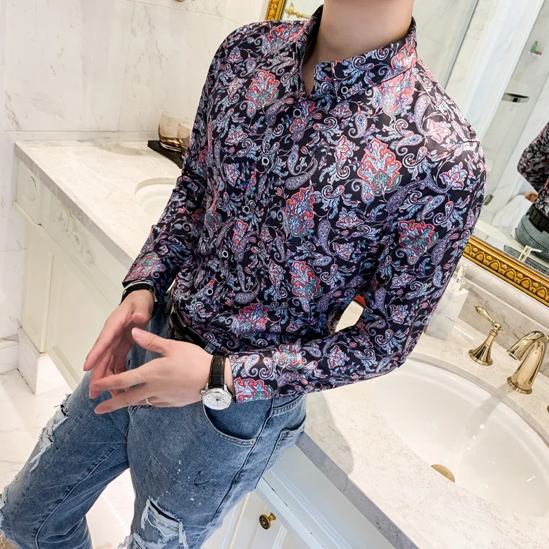 

Men Shirt Flower Retro Casual Shirt Men 2020 Men Dress Shirt Floral Printing Long Sleeve Streetwear Top Vetement Homme