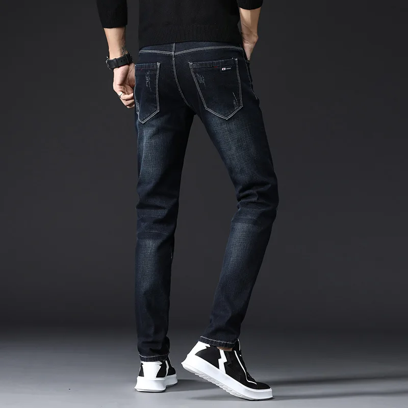 Men Elastic Slim Fit Tight Jeans Korean Trend Pants Black Youth High Quality Little Feet Business For Male | Мужская одежда