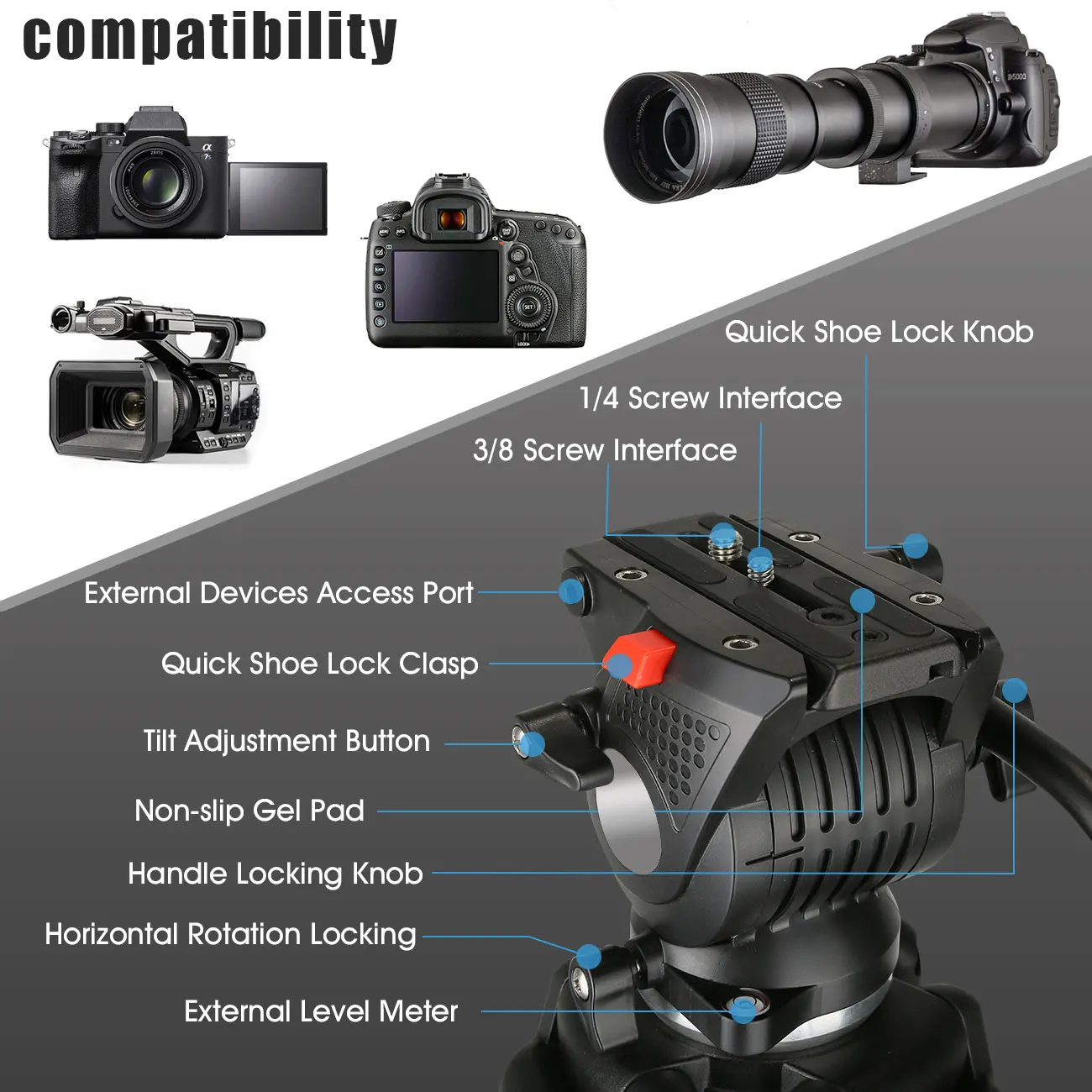 Профессиональный штатив для видеокамер алюминиевый Трипод 75 дюймов с жидкостной