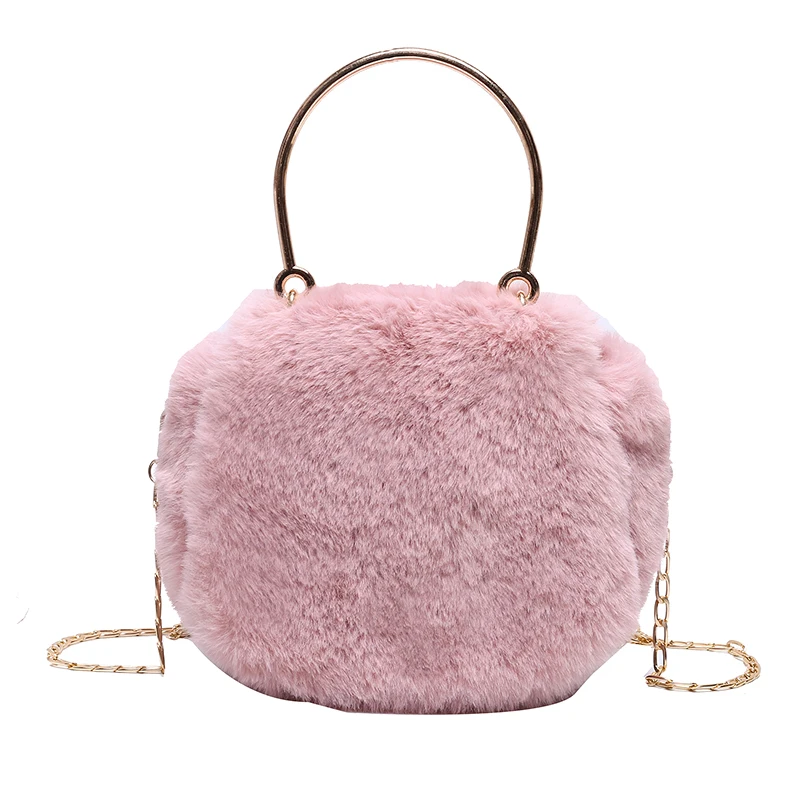 Winter Solid Color Plush Bag Fashion Metal Handle Handbag Soft Warm Fluffy Faux Fur Messenger Bag Designer Chain Crossbody Bag