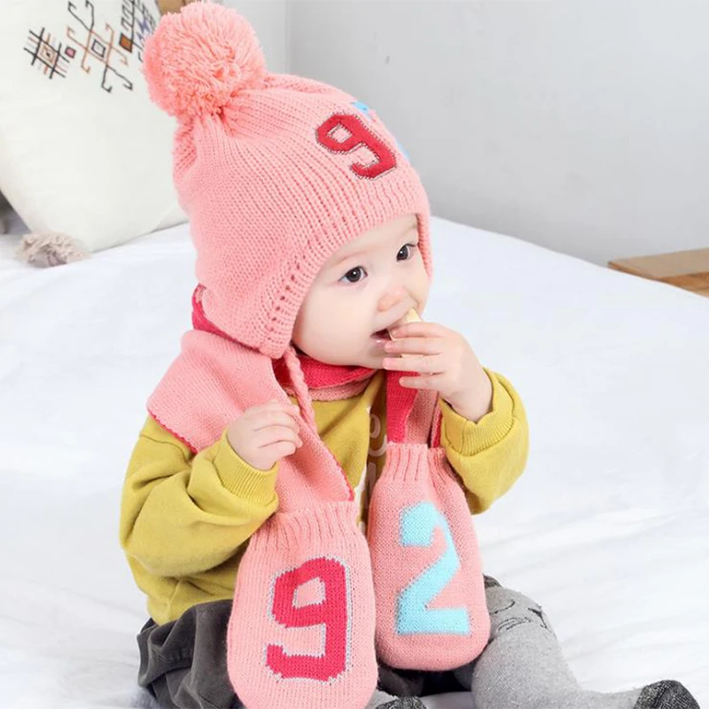 Детская шапка шарф перчатки комплект Осень-зима вязаная шерстяная для мальчиков