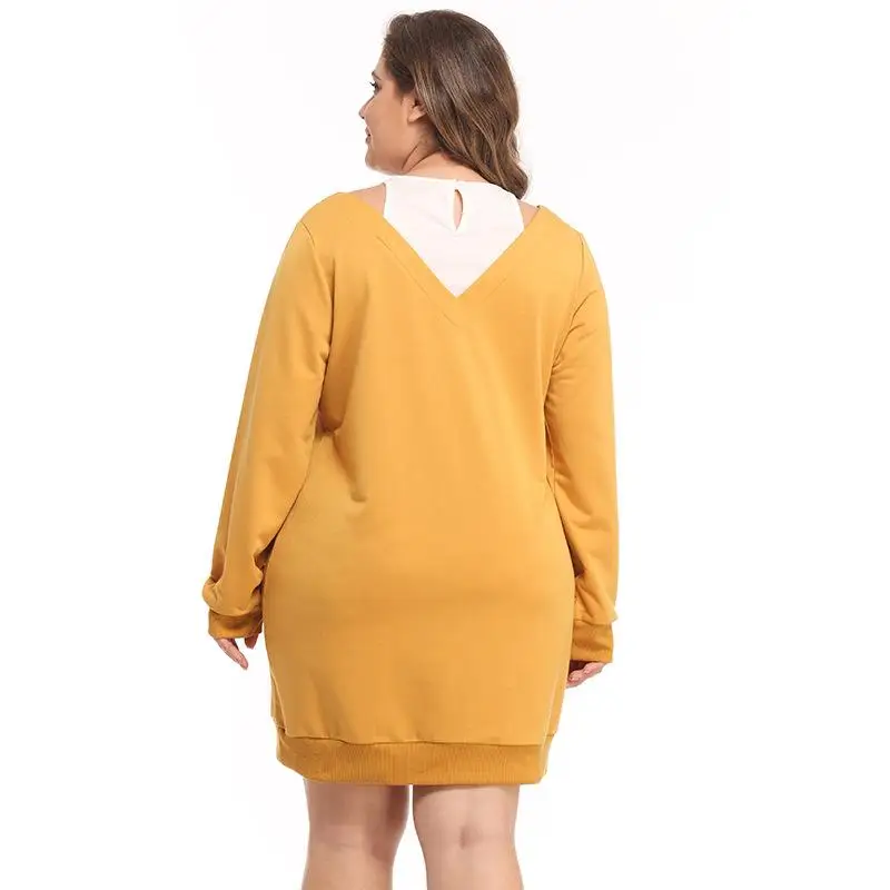 

Large size Autumn Woman dress skirt stitching off-shoulder long large size pullover sweater Yellow Casual Female Tops 4XL 5XL