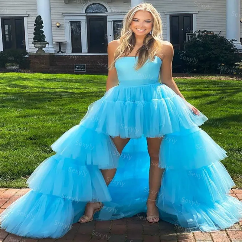 

Fitted Blue High Low Prom Dresses Sexy Strapless Front Short Back Long Tulle Formal Evening Dress 2021 Graduation Gown Robes De