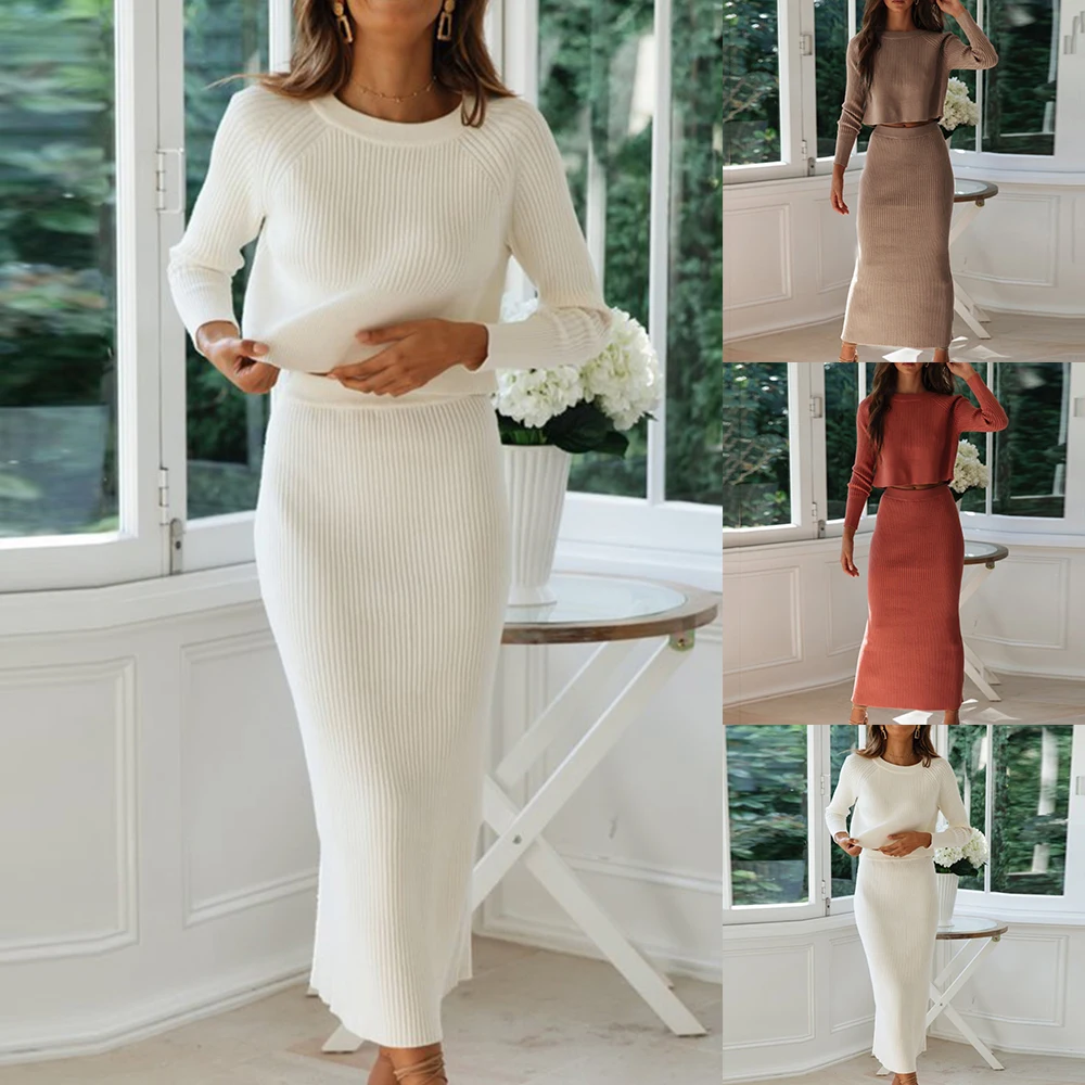 Vertvie Autumn Two Piece Sets Knitted Elegant Tracksuits Female Casual Warm White Sweater Skirts Sexy Lady Winter Suit Sets 2Pcs
