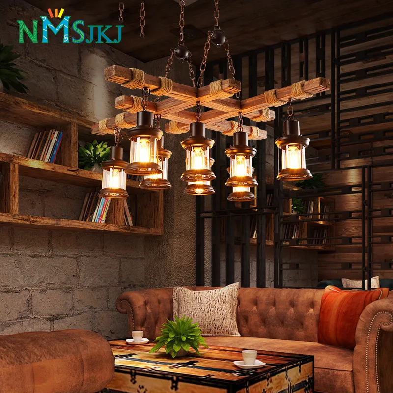 Промышленная антикварная деревянная 8 лампа ретро люстра для бара кафе Вилла