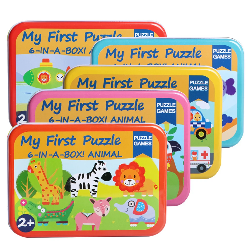 Big Size Flake Baby Wooden Puzzle Toy Early Education Cartoon Animal Fruit Cognition Card Jigsaw Set Metal Box For Children Gift | Игрушки и