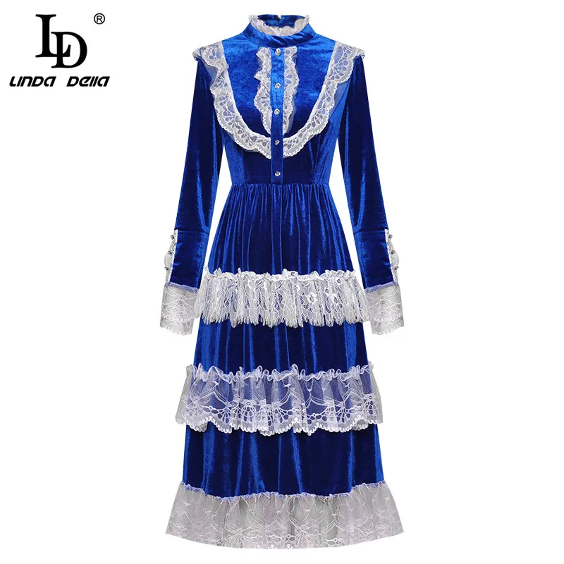 

LD LINDA DELLA 2021 летнее модное дизайнерское бархатное платье для женщин с длинным рукавом и оборками, кружевное лоскутное платье для отдыха, вече...