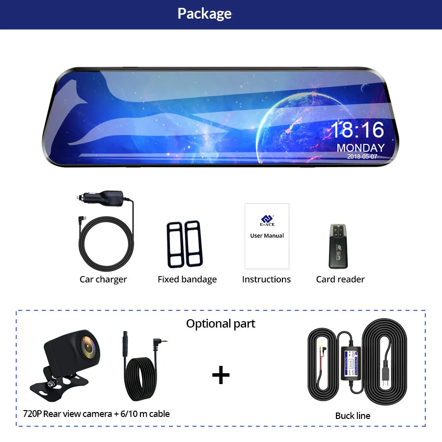

E-ACE Car Dvr Camera 10 Inch Touch Screen Streaming FHD 1080P RearView Mirror Auto Registrar Video Recorder Camera