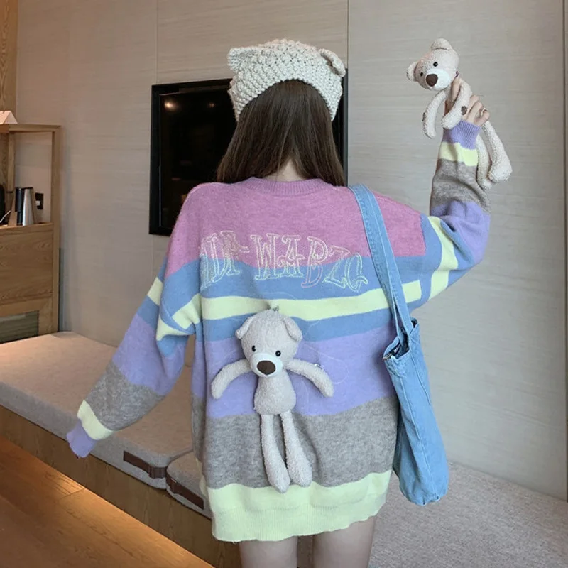 

Autumn 2020 new South Korean loose lazy wind striped long-sleeved knit sweater sweater women outside the net red top tide