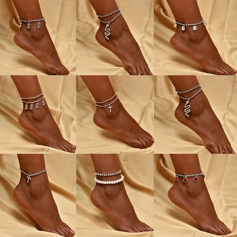 

Boho Anklet Foot Geometry Crystal Chain Cross Snake Pendant Summer Bracelet Charm Sandals Barefoot Beach Foot Bridal Jewelry J08